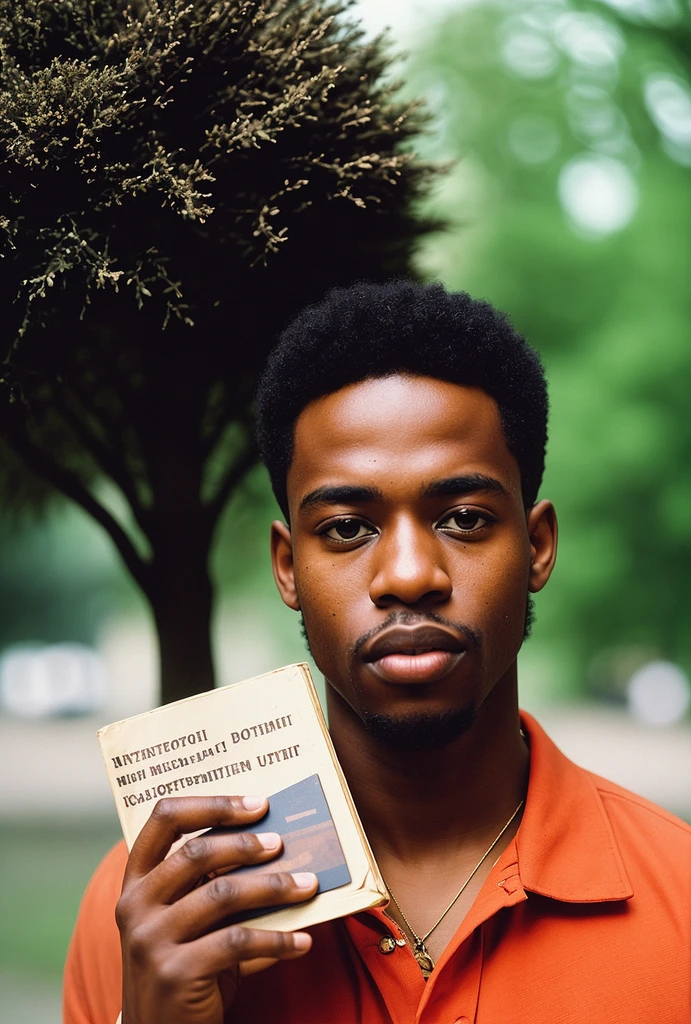 cinematic photo, Kodak portra , 25yo afro american man holding a book, closeup, 35mm photograph, film, bokeh, professional