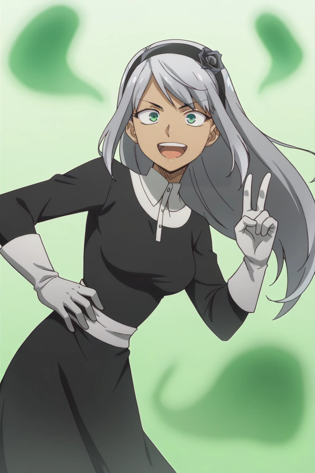 score_9, score_8_up, score_7_up, score_6_up, score_5_up, source_anime, smooth_anime,
danny_phantom, 1girl, solo, green_eyes, white_hair, hairband, long_hair,
1girl, solo, green_eyes, gloves, long_hair, open_mouth, smile, white_hair, breasts, white_gloves, dark_skin, hairband, looking_at_viewer, dark-skinned_female, v, :d, medium_breasts, black_hairband, teeth, multicolored_hair, upper_teeth, glowing, hand_on_hip, long_sleeves, ghost, black_hair, ghost_tail, very_long_hair, two-tone_hair, bangs, grey_background, w, dress, simple_background, bodysuit, skin_tight, impossible_clothes, floating_hair, gradient, large_breasts
<lora:Danny_Phantom_SDXL:1><lora:Dagashi_Kashi:1>