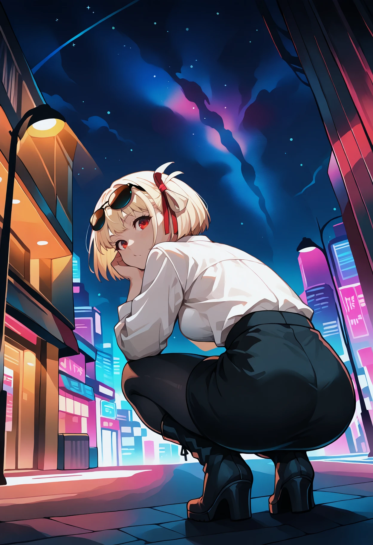 masterpiece, best quality, 1girl,
(nishikigi chisato:0.6), short hair, bob cut, hair ribbon, blonde hair, red eyes,
shirt tucked in, sunglasses on head, white shirt, long sleeves, black skirt, black pantyhose, black boots,
from behind, squatting, cheek rest, looking back, ass,
outdoors, city, night, street lamp, light rays, starry sky, dark theme,