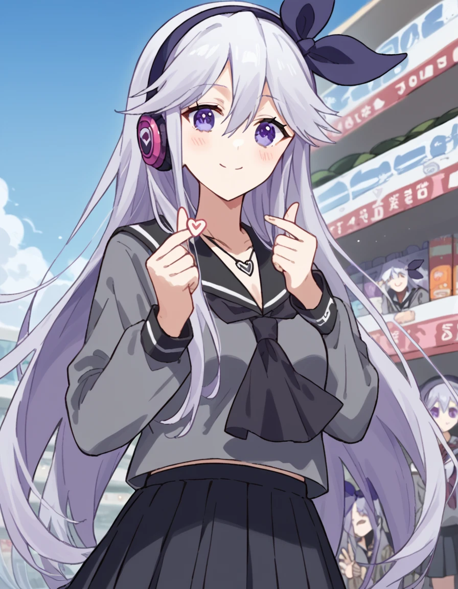 score_9, score_8_up, score_7_up, source_anime, <lora:nina-tachibana-s1-ponyxl-lora-nochekaiser:1>, nina tachibana, long hair, bangs, bow, hair between eyes, very long hair, purple eyes, hair bow, grey hair, hairband, black hairband, bow hairband, medium breasts,, skirt, shirt, long sleeves, bow, jewelry, school uniform, pleated skirt, serafuku, black skirt, sailor collar, necklace, neckerchief, grey shirt, black sailor collar,, music store, browsing records, headphones, vinyl collection, nostalgic, , <lora:finger-heart-ponyxl-lora-nochekaiser:1>, finger heart, heart, blush, smile,, looking at viewer, solo,, dutch angle, cowboy shot