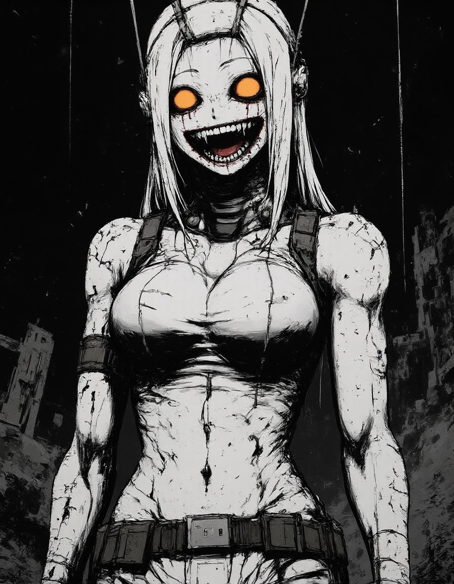 CyberpunkHorrorAnime, a humanoid figure with a menacing expression, wearing a form-fitting outfit and glowing orange eyes, set against a dark, post-apocalyptic background