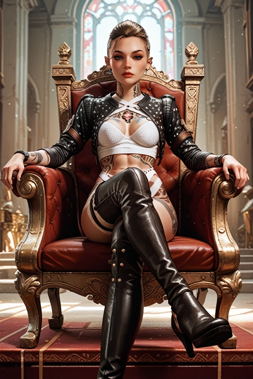 score_9, score_8_up, score_7_up, score_6_up
<lora:MEJack:0.8>
MEJack, 1girl, brown hair, brown eyes, undercut, tattoo, looking at viewer, sitting, throne, crossed legs, indoors, thigh boots