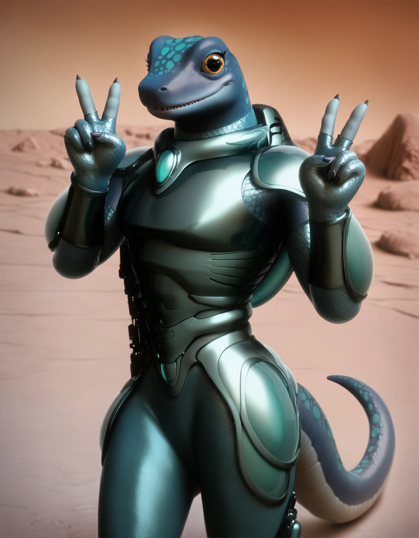 score_9, score_8_up, score_7_up, score_6_up, score_5_up, score_4_up
Y'Gythgba, anthropomorphic reptilian,  scaled skin in shades of blue and green, lizard tail, futuristic armored suit, looking at viewer, eyelasher, v sign
 <lora:Y'Gythgba_XL:0.9>