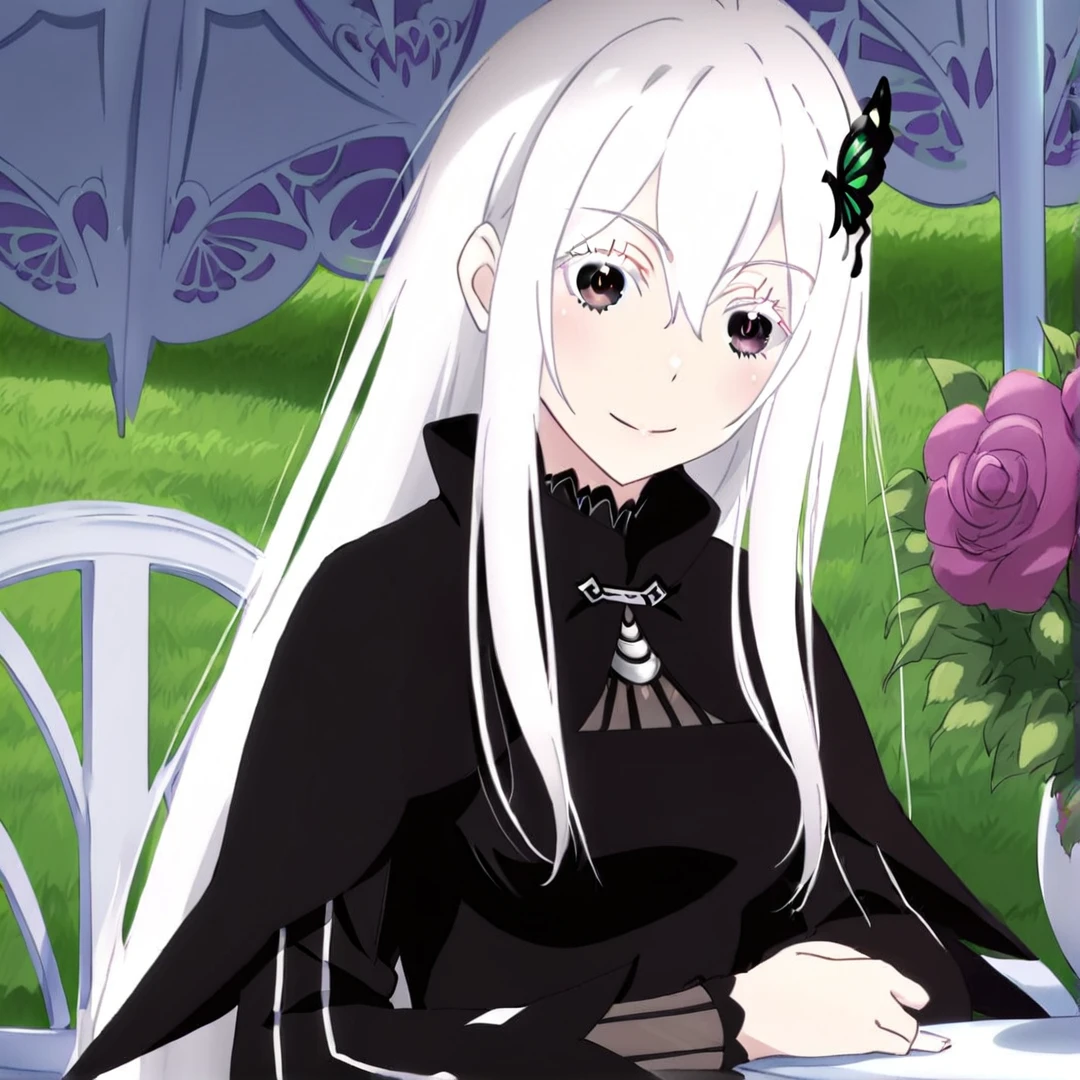 <lora:Echidna:1>, echidna, barely-exposed skin, was porcelain-like and pure white, her black eyes, shone with intellect, her long straight white hair, reached down to her back, and it also had a jade green butterfly hairpin, her slender body, appeared as though it was in its mid-twenties, her figure was usually wrapped in black clothing