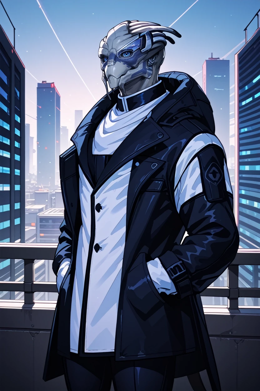 score_9, score_8_up, score_7_up, score_6_up
<lora:MEGarrus:1.0>
MEGarrus, 1boy, alien, blue eyes, looking at viewer, On a high-rise rooftop, sharp black trench coat, city lights below, hands in pockets