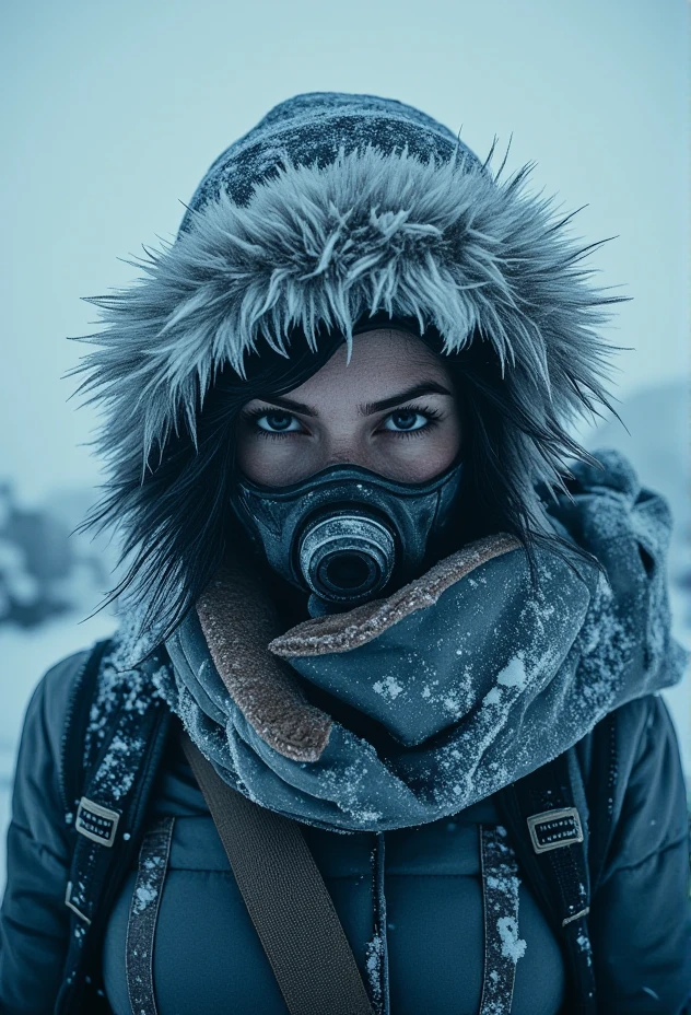 A woman with icy goggles in thick, heavily frosted winter clothing. Snowflakes cling to their fur-lined hood, and a faint mist from their breath is visible in the frigid air.  In the background, a desolate, frozen landscape stretching endlessly. The entire scene is filled with long shadows cast by the faint light reflecting off the snow.  Lighting is soft and diffused by thick, overcast skies, creating a bleak ambiance.   The shot type is A portrait with intricate frost details on the goggles, mask, and clothing.   Scene details include heavy snow falling steadily, adding a sense of cold isolation.   Texture and Detail are rich with ice crystals and snow layers, enhancing the harsh, winter atmosphere.   Mood is tense and eerie, as if danger lurks in the silence. bv-fropunsty<lora:bv-frostpunk-style-v1.safetensors:1.0:1.0>