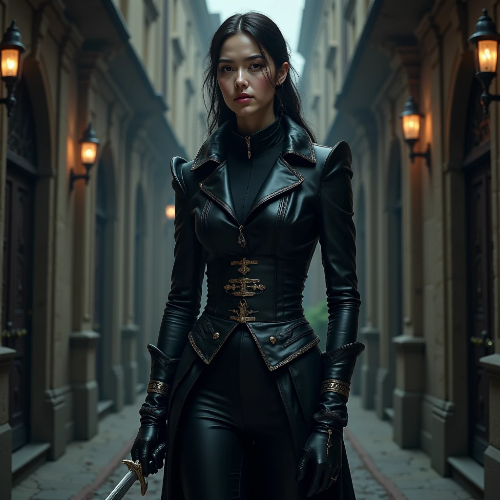 Imagine a photorealistic image of a member of the Assassin's Guild, dressed in an elegant, fitted black outfit, standing in a dimly lit corridor. The assassin has a calm, composed expression and holds a slender dagger with a silver hilt. The background is a shadowy hallway adorned with rich, gothic details, creating an air of quiet danger.