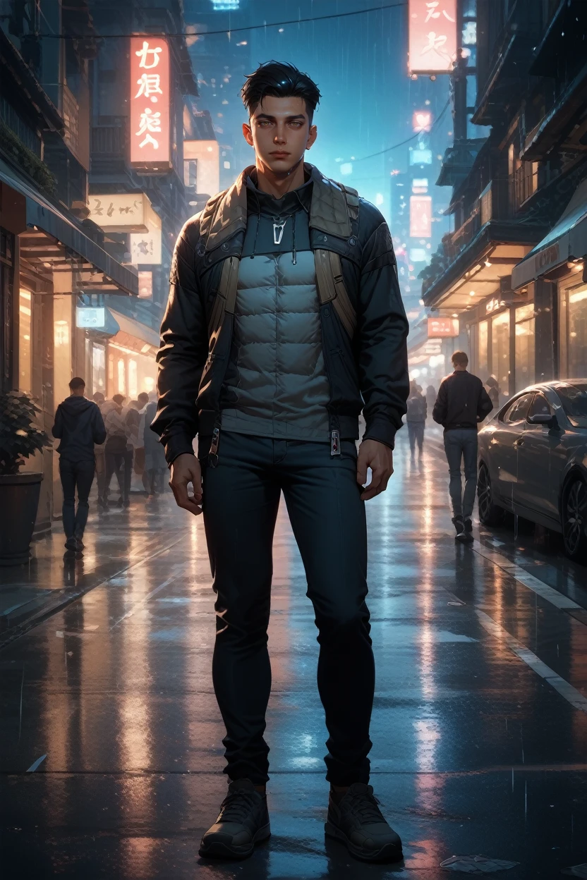 score_9, score_8_up, score_7_up, score_6_up
<lora:MEAReyes:0.8>
MEAReyes, 1boy, black hair, brown eyes, short hair, looking at viewer, standing in the rain on a neon-lit city street at night, full body