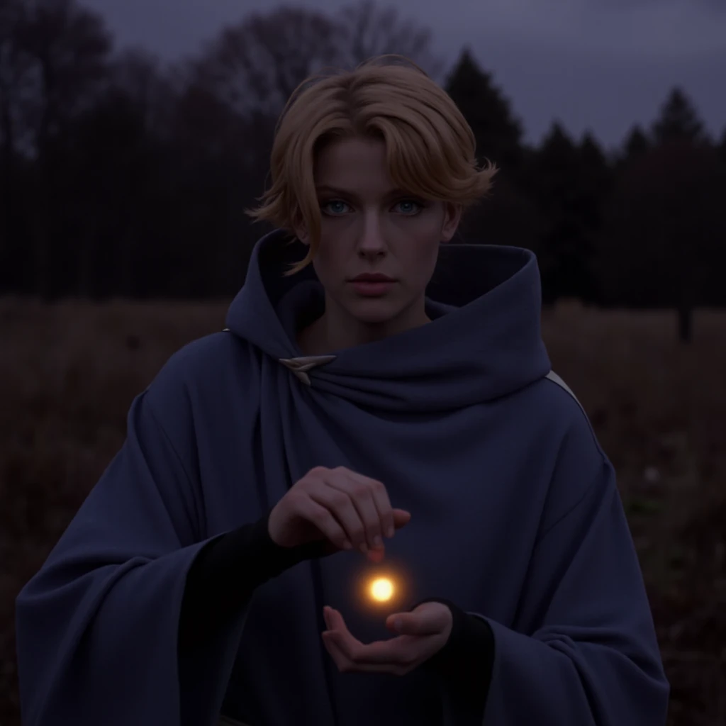 film scene from Denis Villeneuve. Cinematography. moody atmosphere
a gorgeous 25 year old bombshell female Sypha Belnades, sypha,Sypha Belnades,orange hair,short hair,blue robe,autumn, outside,gesturing,windy, off white waist wrap, action, blue eyes, alone <lora:sypha_v5:1.2>, 1400s, medieval A closeup view of Sypha's hands, delicately cupping a small, glowing orb of fire. The scene is intimate and intense, showcasing the precision and control she wields over her magic. The fiery light casts warm shadows across her fingers, highlighting the contours and the faint scars on her handsâevidence of her countless battles. The dark, indistinct background adds to the focus on the magic itself, with the surrounding forest only vaguely outlined in the night. The orb pulses with energy, a tiny yet potent manifestation of her power, as if she's preparing to unleash something far greater from this small, concentrated spark.