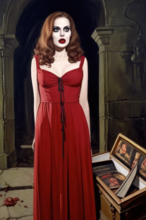 score_9, score_8_up, score_7_up,   female vampire hosting a ritual,long dark red dress,horror comic book centerfold,painting,