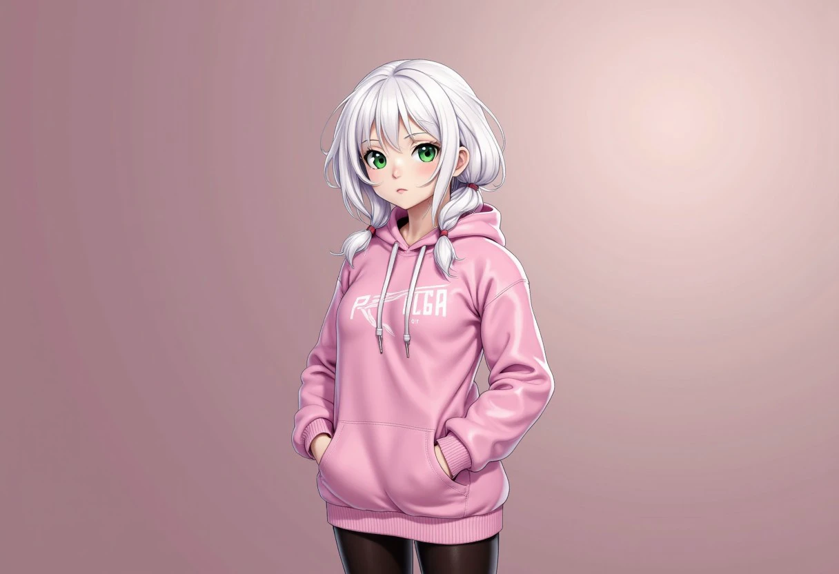 1girl, white hair, low twintails, green eyes, pink hoodie, black pantyhose,OiledSkin,