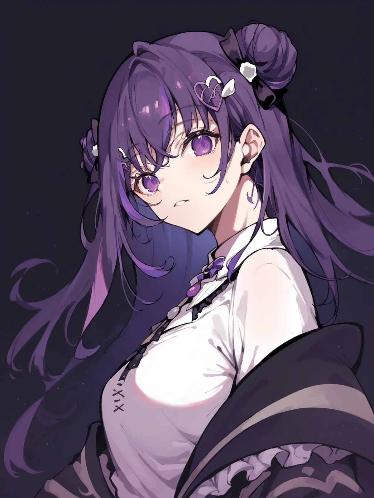 score_9_up, score_8_up, score_7_up, dark background, narin_mikure, body focus, standing, 1girl, solo, long hair, hair ornament, dark purple hair, purple eyes, double bun, white shirt, looking at viewer,  <lora:narin_mikure:1>