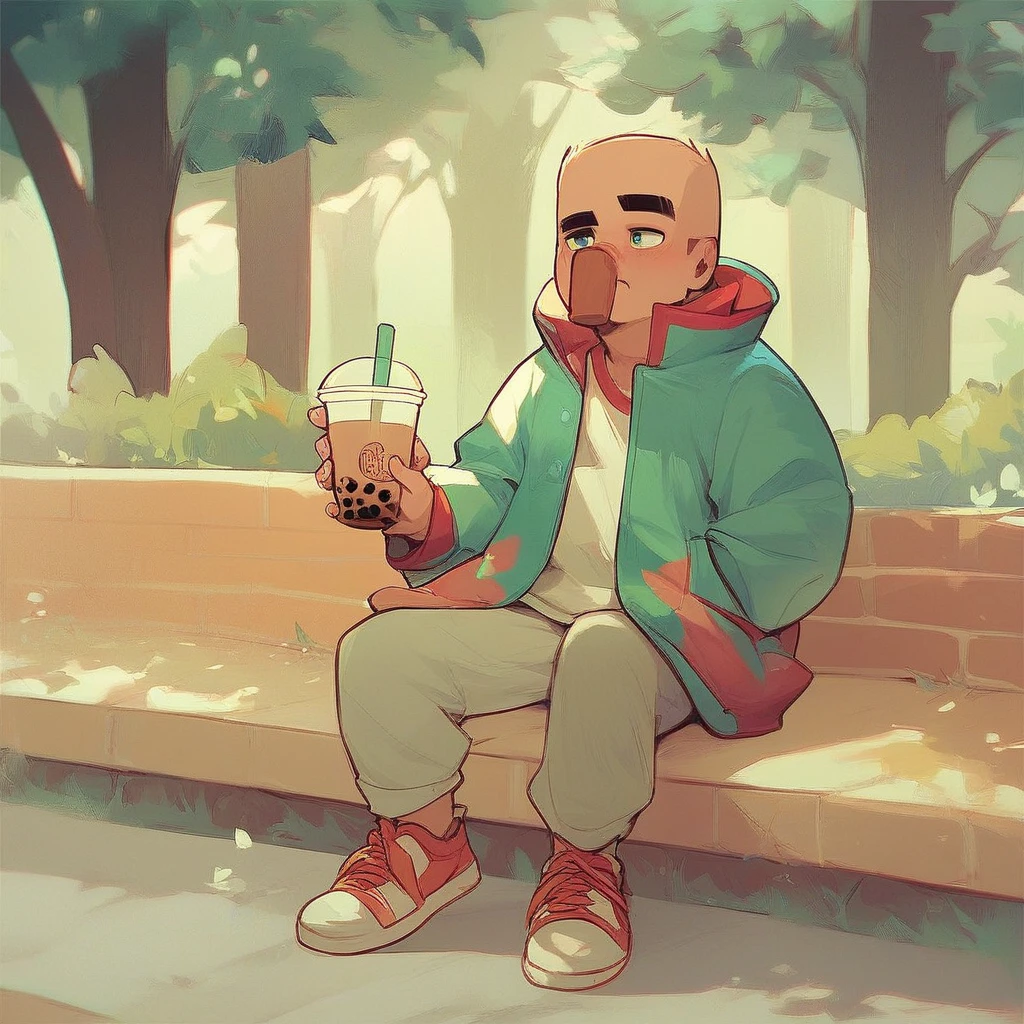 score_9_up, score_8_up, score_7_up, mikus-sona, long nose, unibrow, male focus, 1boy, park, holding, bubble tea