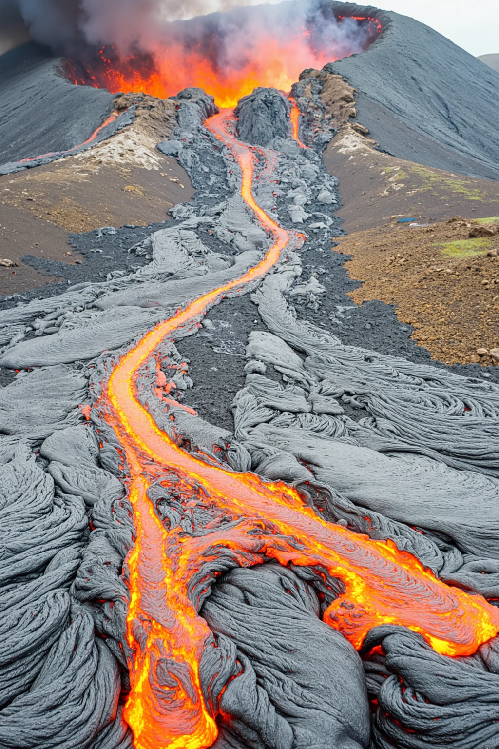 lava flow ， Lava flows on hill side， Lava，blue sky， smoke rise from and illuminated by Lava， no humans，
realistic, outdoors, masterpiece, best quality, prize winning photograph，