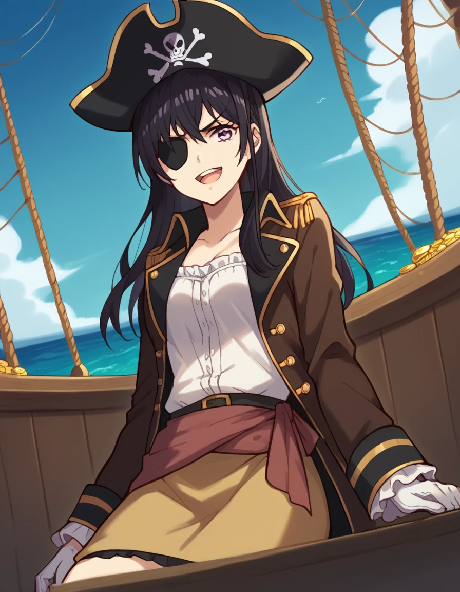 score_9, score_8_up, score_7_up, source_anime, <lora:mei-aihara-s1-ponyxl-lora-nochekaiser:1>, mei aihara, long hair, black hair, purple eyes, medium breasts,, <lora:pirate-costume-ponyxl-lora-nochekaiser:1>, pirate costume, pirate hat, skirt, gloves, jacket, shirt, eyepatch,, blue sky, sea, ocean, pirate ship, treasure, gold, smug, open mouth, from below, sitting,, , dutch angle, cowboy shot