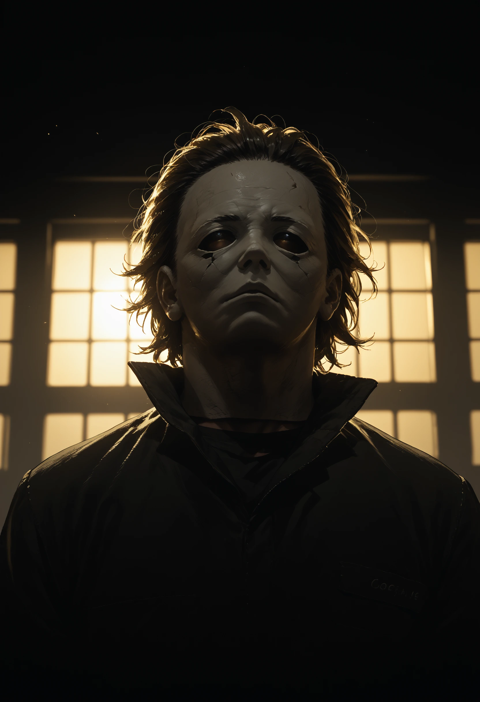 score_9, score_8_up, score_7_up, score_6_up, 1boy, mask, upper body, head down, yellow theme, silhouette, backlighting, 
<lora:michael_myers_v0.2-pony:1>
<lora:dark_v1.9-pony:0.5>