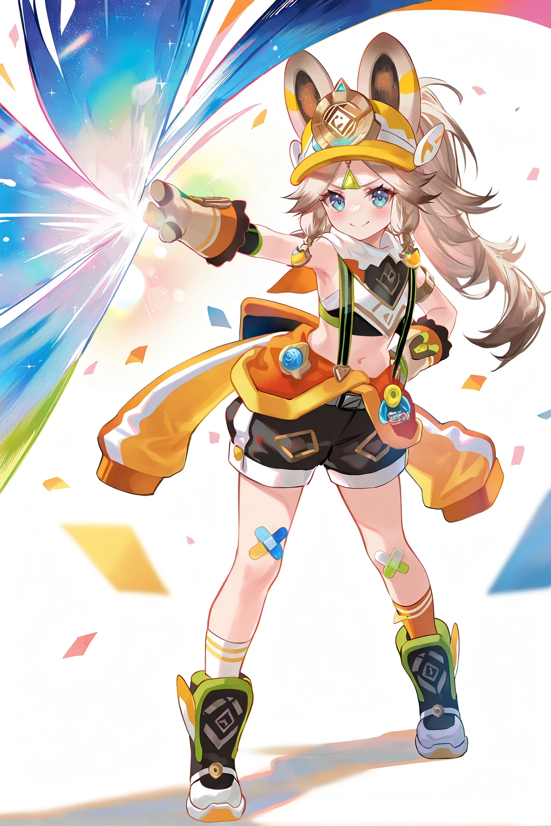 8k, best quality, masterpiece, (ultra-detailed), (high detailed skin),
((artist:reoen),(artist:fuzichoco),(artist:atdan),(artist:torino_aqua),year 2024:0.8)1girl, 8k, masterpiece, best quality, colorful, detailed light, light leaks, sunlight, bokeh, blurry foreground, ray tracing, lens flare, cinematic lighting,
full body, full shot, standing, looking at viewer, (solo:1.2), simple background, (white background:1.2), hand on own hip, white background,
<lora:kachina-noob-Tanger-000014:0.9>, kachina, default clothes, yellow headweaer, 1girl, solo, blue eyes, boots, animal ears, black shorts, closed mouth, gloves, v-shaped eyebrows, socks, bandaid, black footwear,
mesugaki, ridicule, laughing,
A full-body portrait of a young girl, standing gracefully, pastel art style, high-key lighting, shoujo manga influence, hd quality, delicate details,