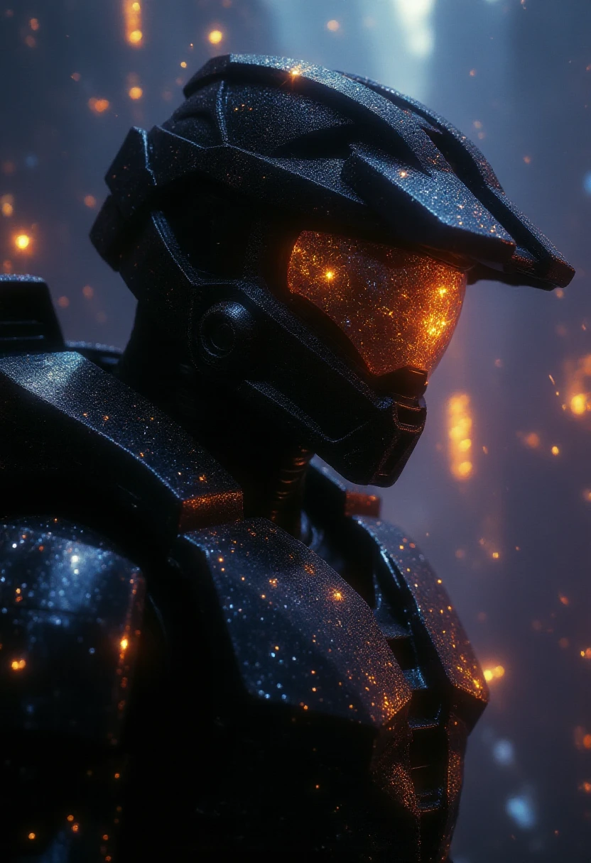 a sparklecraft style photo of Halo Master Chief, dark and dimly lit, his visor reflecting a futuristic cyberpunk cityscape