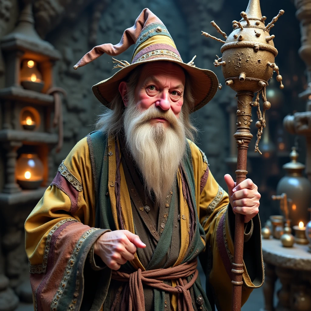 "Imagine a scruffy, wild-haired wizard with an unkempt beard and an intense, slightly mad expression. His robe is a patchwork of colors and fabrics, decorated with peculiar symbols and mysterious stains. He holds a large, bizarre staff covered in strange trinkets and dangling charms, and his hat is bent and crooked, as if it’s been through countless misadventures. He stands in a dark, stone-walled laboratory cluttered with bubbling cauldrons, mysterious jars, and bizarre experiments gone wrong, exuding an air of chaotic energy and boundless imagination."