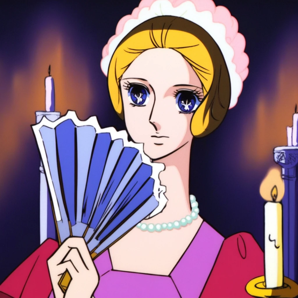 dress, pearl necklace, eyelashes, blue eyes, anime coloring, folding fan, candle, portrait, jewelry