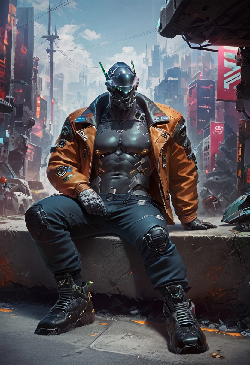 sollyz, by sollyz,score_9, score_8_up, score_7_up,solo,male focus,sp_mecha,topless,mecha,muscular,bara,jacket,futuristic,street,game cg,wallpaper,sitting,concept art, digital art, realistic,