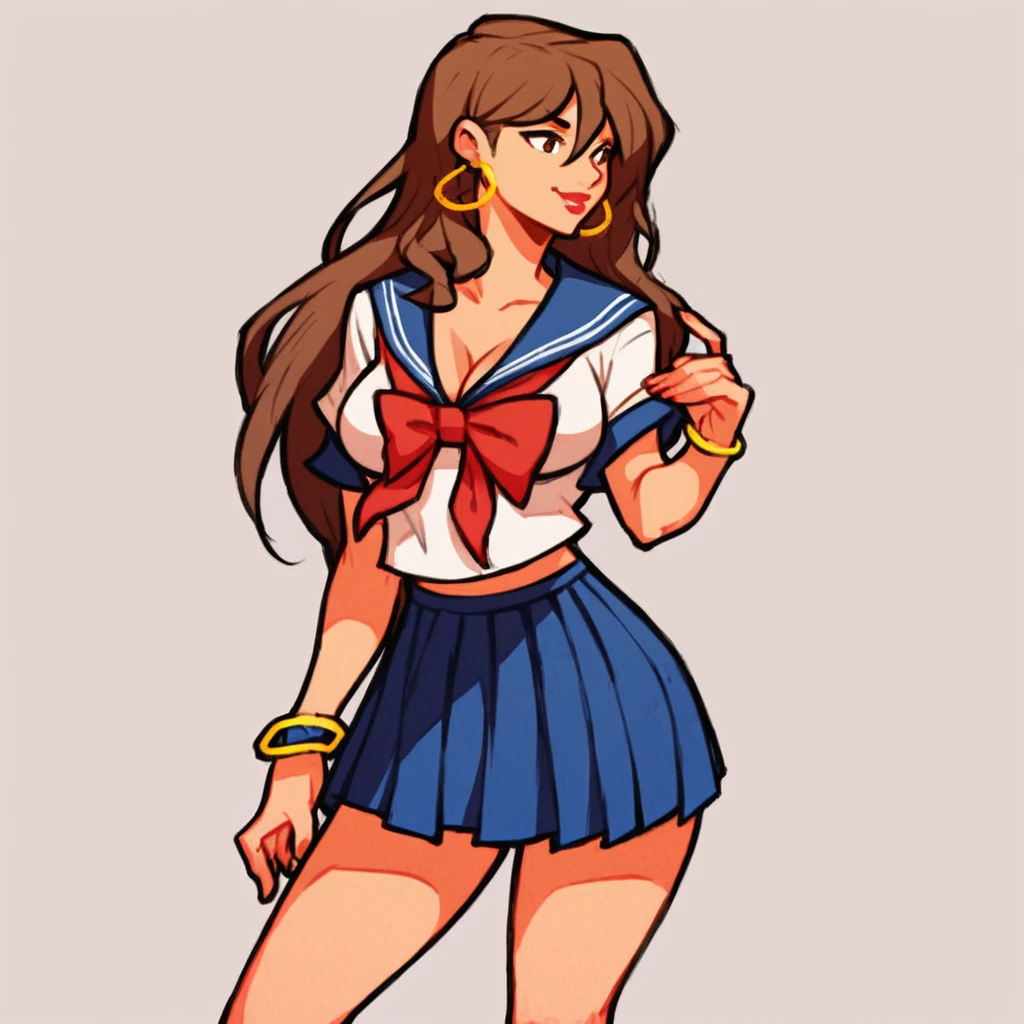 score_9, score_8_up, score_7_up, smile, ((seductive)), ((sexy pose)), simple background, 
BREAK
<lora:Blaze_Fielding_XL_Streets_of_rage_4:0.9>, Blaze Fielding, brown hair, long hair, brown eyes,, (serafuku, sailor skirt, sailor shirt, sailor collar), short sleeves, 1girl, solo, breasts, large breasts, cleavage, jewelry, earrings, lipstick, hoop earrings, standing, 
BREAK
indoors, school, wall,
BREAK
 sharp focus, 8k high definition, intricate details, (intricate), (finely textured),  