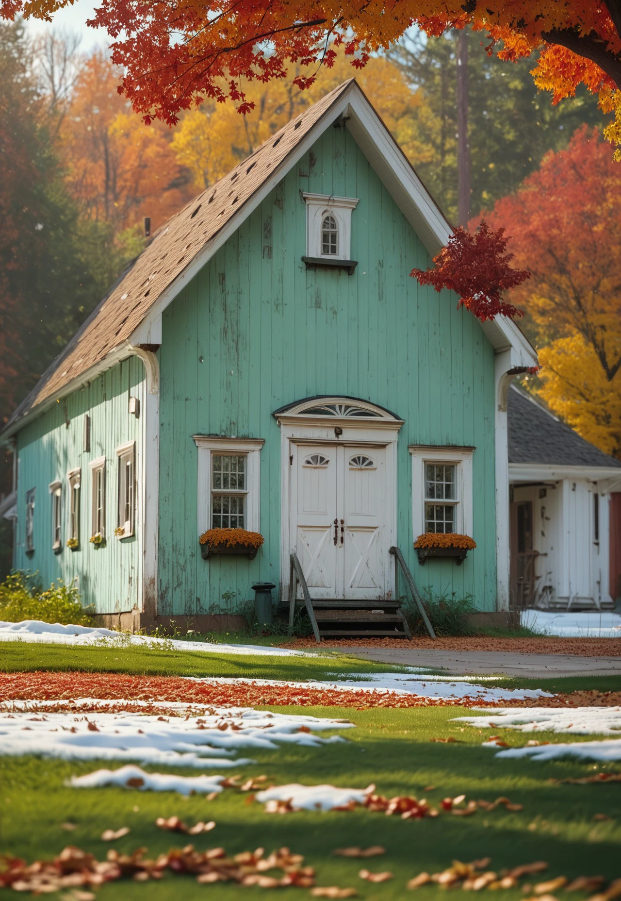 m1dw3st, Depict a charming (white painted house:1.3) with (green trimming:1.2) on a cozy (urban street:1.1), surrounded by (colorful autumn leaves:1.4) scattered on the lawn. A classic (1972 Ford Futura:1.3) is parked on the grass, with (small dabs of snow:1.2) hinting at the season. Highlight the (extreme detail:1.5) in the house's features and the nostalgic atmosphere, inspired by the works of (Andrew Wyeth:1.4) and (David Hockney:1.3), score_9, score_8_up, score_7_up, score_6_up, score_5_up, score_5_up, score_4_up