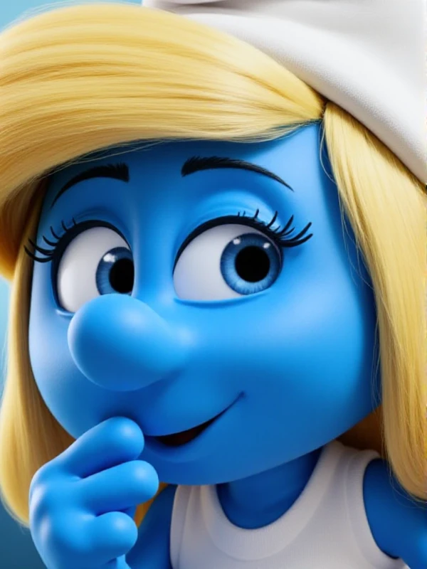 pov, smurfette, blonde, sucking penis, half-closed eyes, looking at viewer, hat, white dress, bare shoulders, blue skin, skinny