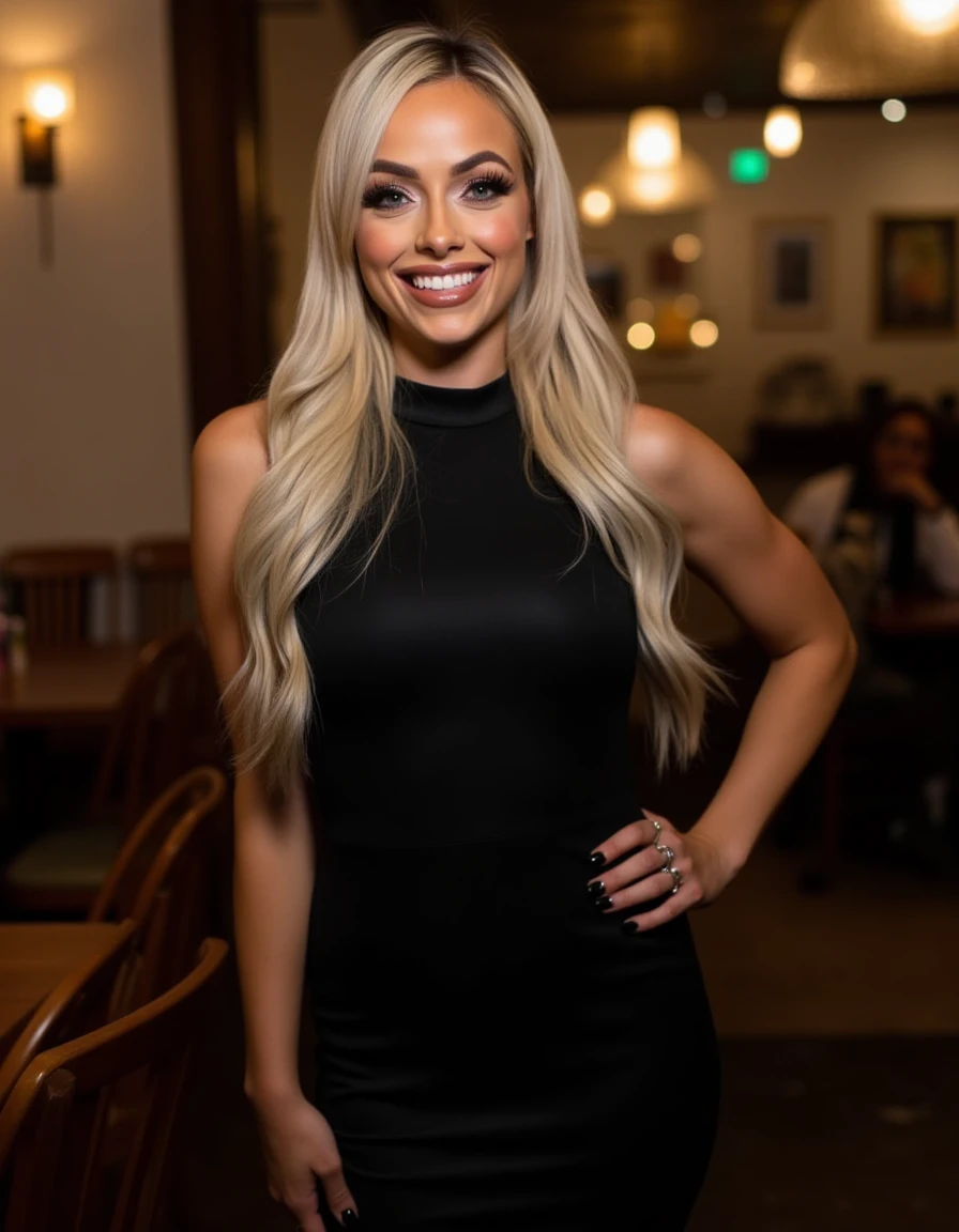 <lora:Liv_Morgan_Flux:1>  beautiful detailed photograph, platinum blonde hair cascading over her shoulders,  dramatic  eye makeup, wearing a black formfitting dress, standing in cafe looking at the viewer, smile