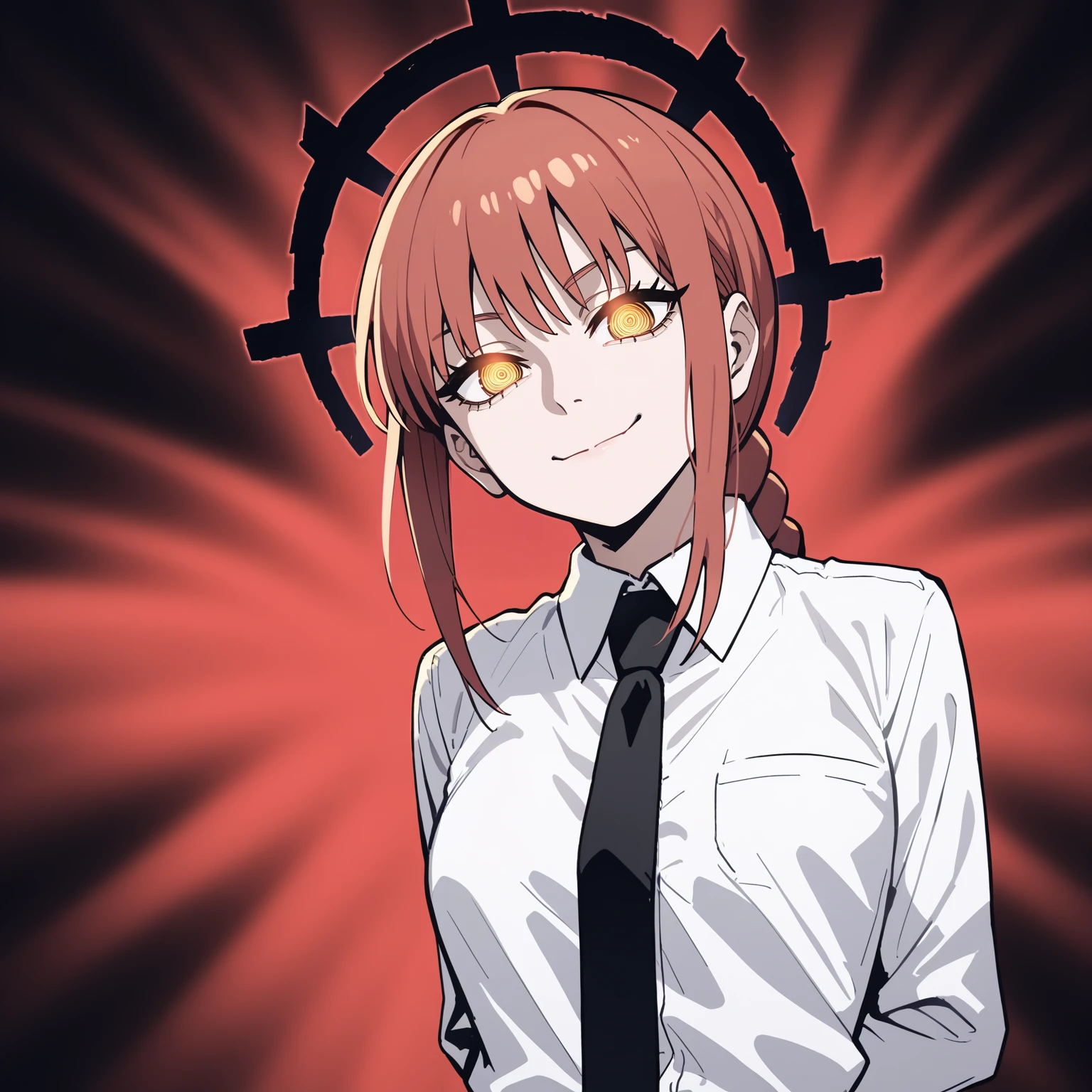 score_9, score_8_up, score_7_up, BREAK
1girl, makima \(chainsaw man\), yellow eyes, ringed eyes, glowing eyes, white shirt, necktie, arms behind back,
affliction, black halo, evil smile, closed mouth, looking at viewer,
upper body, solo, red background, black background    <lora:AfflictionPDXL_byKonan:1>