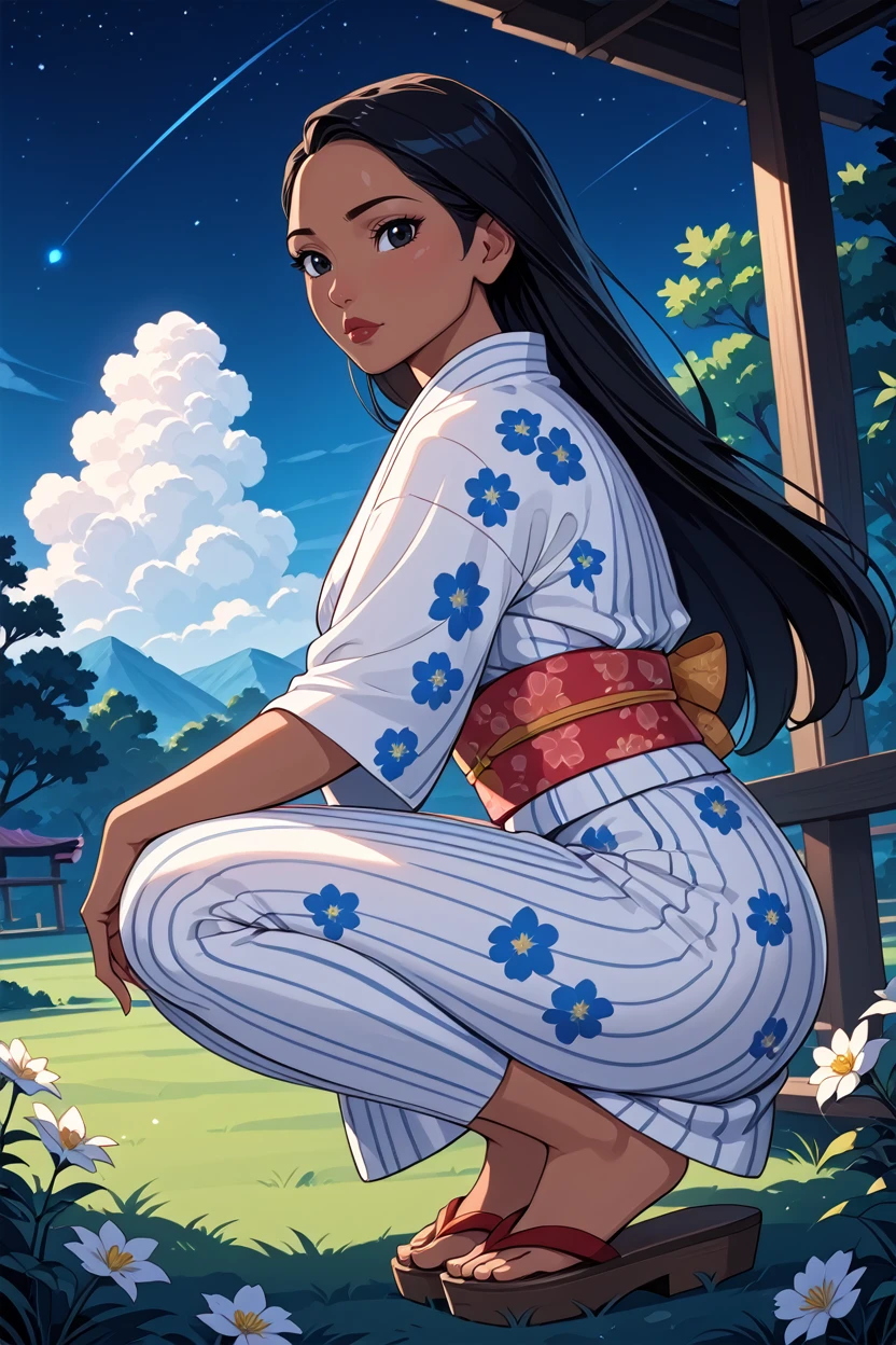 score_9, score_8_up, score_7_up, score_6_up
<lora:DisneyPocahontas:0.8>
DisneyPocahontas, 1girl, black hair, black eyes, long hair, dark skin, looking at viewer, night, grass, squatting, yukata, japanese clothes, floral print, obi, from side, looking at viewer, sandals, star \(sky\)