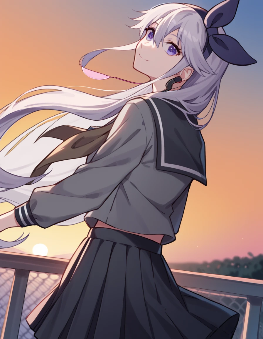 score_9, score_8_up, score_7_up, source_anime, <lora:nina-tachibana-s1-ponyxl-lora-nochekaiser:1>, nina tachibana, long hair, bangs, bow, hair between eyes, very long hair, purple eyes, hair bow, grey hair, hairband, black hairband, bow hairband, medium breasts,, skirt, shirt, long sleeves, bow, jewelry, school uniform, pleated skirt, serafuku, black skirt, sailor collar, necklace, neckerchief, grey shirt, black sailor collar,, suburban neighborhood, morning jog, earphones, running shoes, fresh air, sunrise, smile, <lora:shaft-look-ponyxl-lora-nochekaiser:1>, shaft look, looking back, from behind, head tilt,, looking at viewer, solo,, dutch angle, cowboy shot