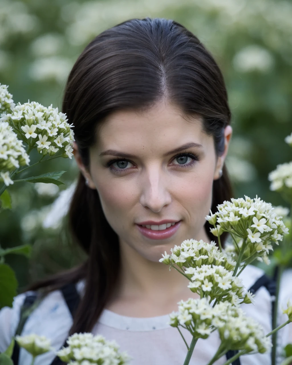 A portrait of anna_kendrick in a natural setting. She has black hair and striking blue eyes. She wears a white top with a floral pattern. The woman is surrounded by delicate white flowers, creating a serene and ethereal atmosphere. The background is softly blurred, emphasizing the subject. The image style is soft and dreamy, with a focus on the subject and the flowers.