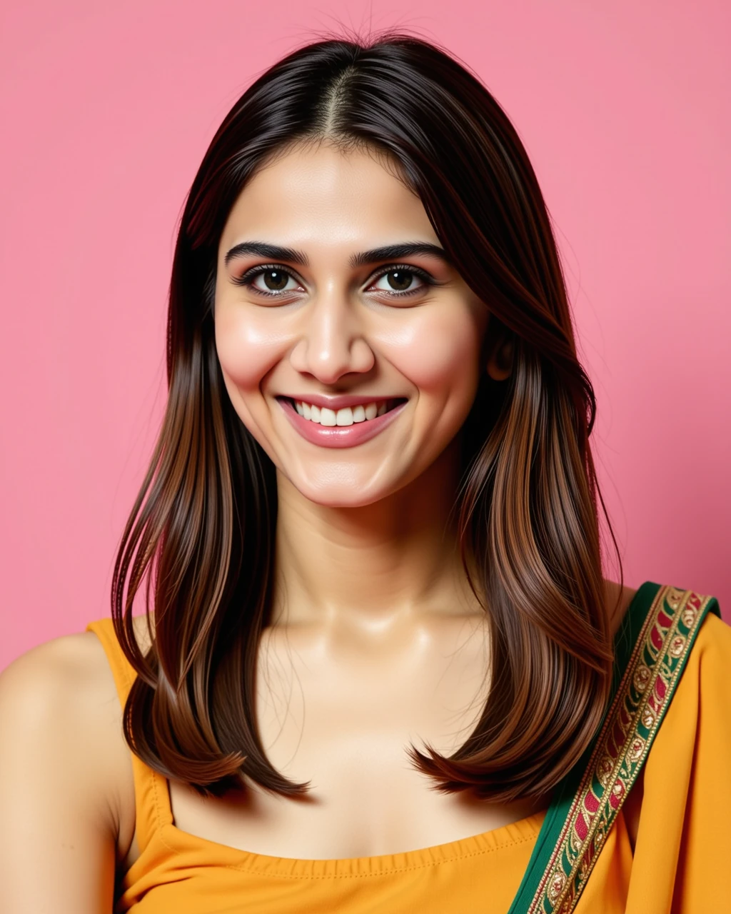 headshot photo of Vaani Kapoor woman,candid photo with natural colors, grinning expression on face,studio quality, wearing intricate high neck elegant Ochre sleeveless Mekhela Chador (Assamese traditional attire), straight hair, pastel shaded multicolored background, cinematic lighting<lora:TestBed\Vaani_Kapoor_Flux_Kohya_V1-000005.safetensors:1.0:1.0>