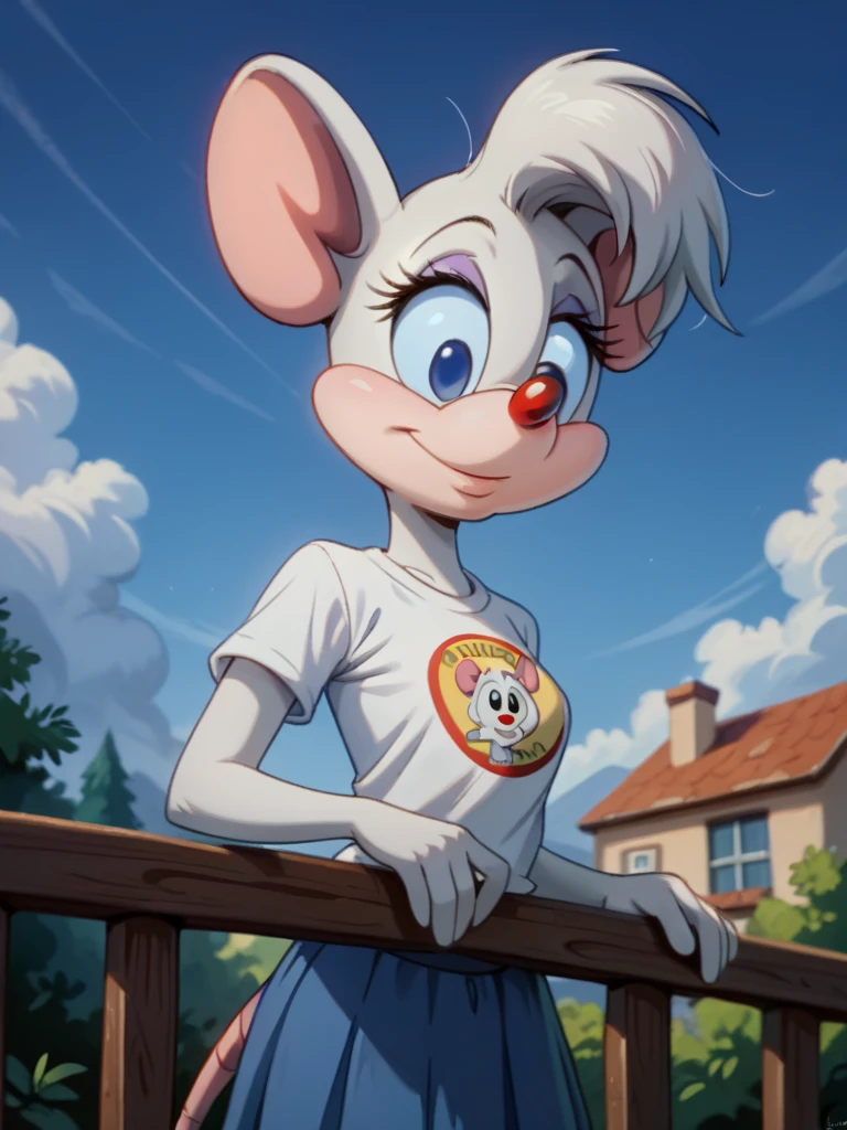 score_9, score_8_up, score_7_up, score_6_up, score_5_up, score_4_up, solo, source furry, anthro mouse, Billie_Mouse, no pupils, t-shirt, skirt, leaning, against railing, outdoors, detailed face, detailed eyes, detailed face, detailed eyes <lora:billie:1>