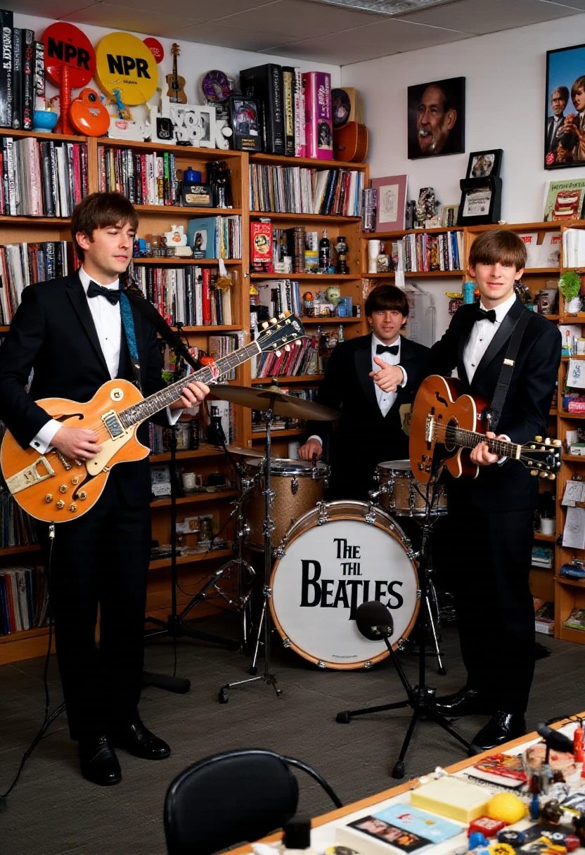 NPR Tiny Desk studio, t1nyd3sk picture of The Beatles performing while wearing a tuxedos inside the t1nyd3sk studio, three men holding guitars, one playing drums behind them, the drum says "The Beatles" on it