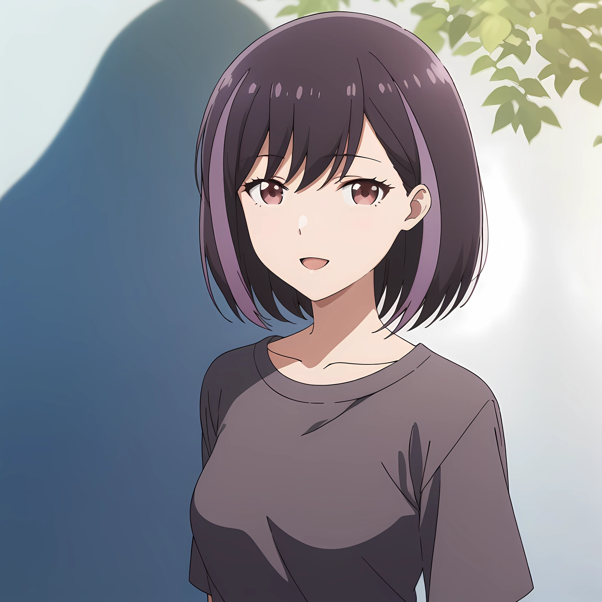 honjouji_rika, black hair, streaked hair, purple hair, brown eyes, short hair, bangs, smile, upper body view, medium breast, looking viewer, open mouth, <lora:XL-HonjoujiRika:1>, (masterpiece),(best quality),(ultra-detailed),(best illustration),(best shadow),(absurdres),(detailed background),(very aesthetic),