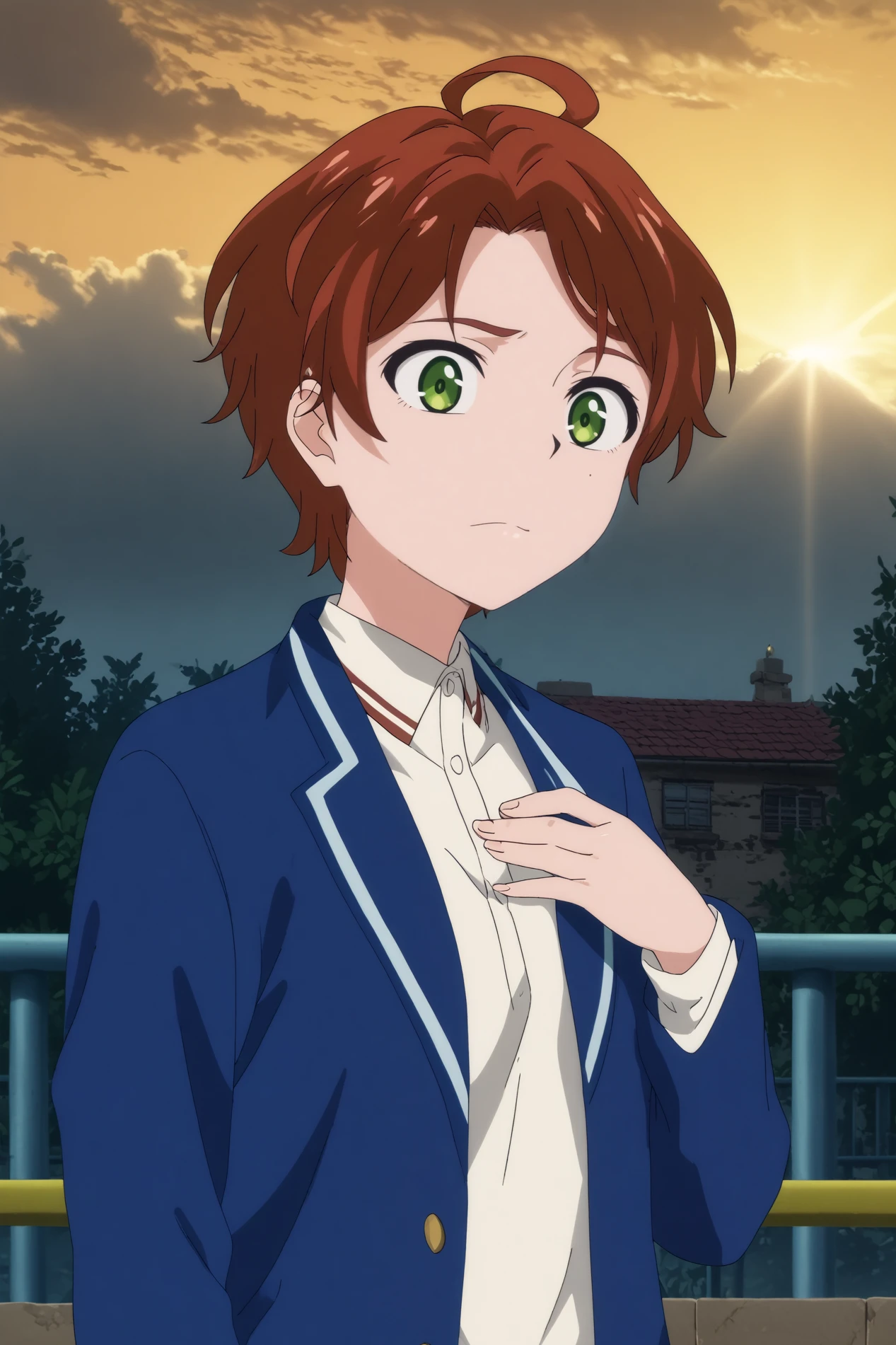  sawaki momoe,1girl,solo,short hair,ahoge,brown hair,blue jacket,school uniform,mole under eye,mole,shirt,white shirt,collared shirt,hand on chest,upper body BREAK outdoors,orange sky,road,city_lights    <lora:Sawaki_Momoe_-_Wonder_Egg_Priority.safetensors:0.8> <lora:detailed_backgrounds_v2.safetensors:0.5>