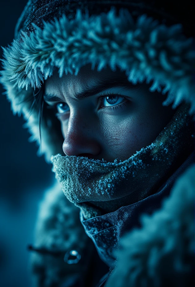 A close-up side profile of a frostbitten survivor, their face partially obscured by a thick, fur-lined hood, icy breath visible in the frigid air, frost covering the eyelashes and eyebrows, intense determination visible in their eyes, illuminated by soft, pale blue light against a dark, snow-filled background, capturing the quiet struggle for survival .bv-fropunsty<lora:bv-frostpunk-style-v1.safetensors:1.0:1.0>