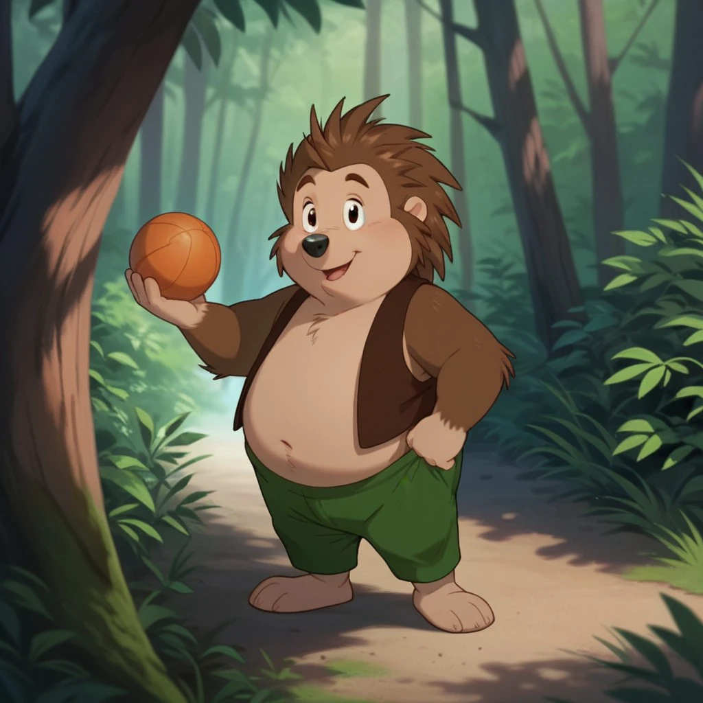 score_9, score_8_up, score_7_up, score_6_up, score_5_up, score_4_up, source_furry, Russellouaf, young anthro, male, hedgehog, brown fur, catching a ball, green pants,  brown vest,  1boy, solo, forest,  chubby, <lora:14ff72e6-19d0-4965-b63c-2eedb2adc070:0.7>