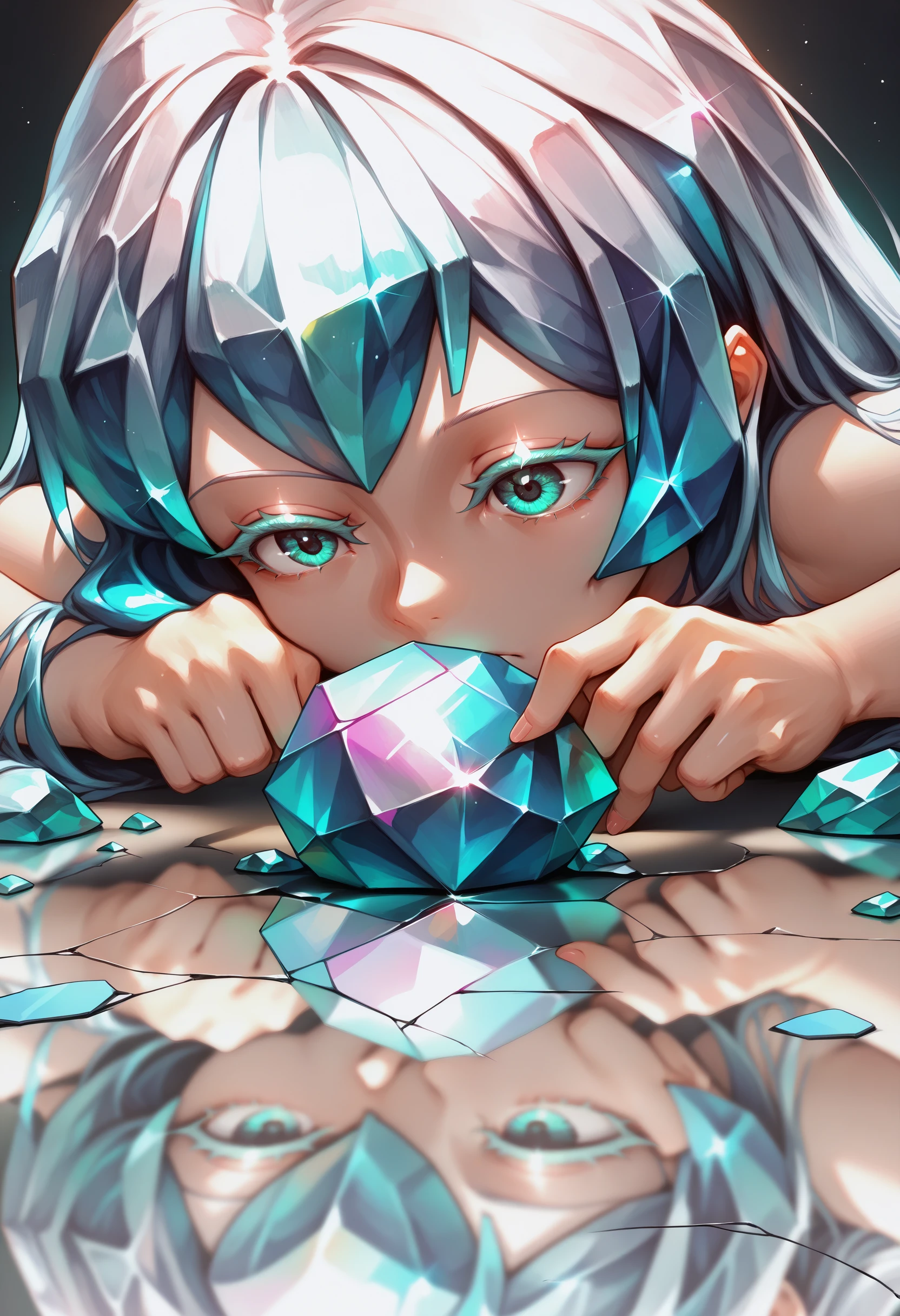 masterpiece, best quality, 1girl, <lora:CrystalHair_illusXL_Incrs_v1:1>, crystal hair, shiny hair, blue crystal hair, colored eyelashes, crack, upper body, reflection,