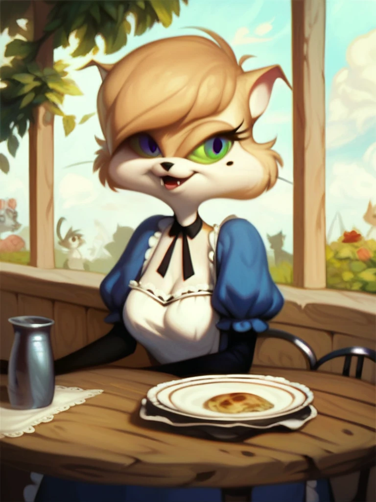 score_9, score_8_up, score_7_up, score_6_up, score_5_up, score_4_up, solo, source furry, Mehitabel, maid uniform, cafe, table, chair, crowd, detailed face, detailed eyes, detailed face, detailed eyes <lora:mehitabel-v1:1>