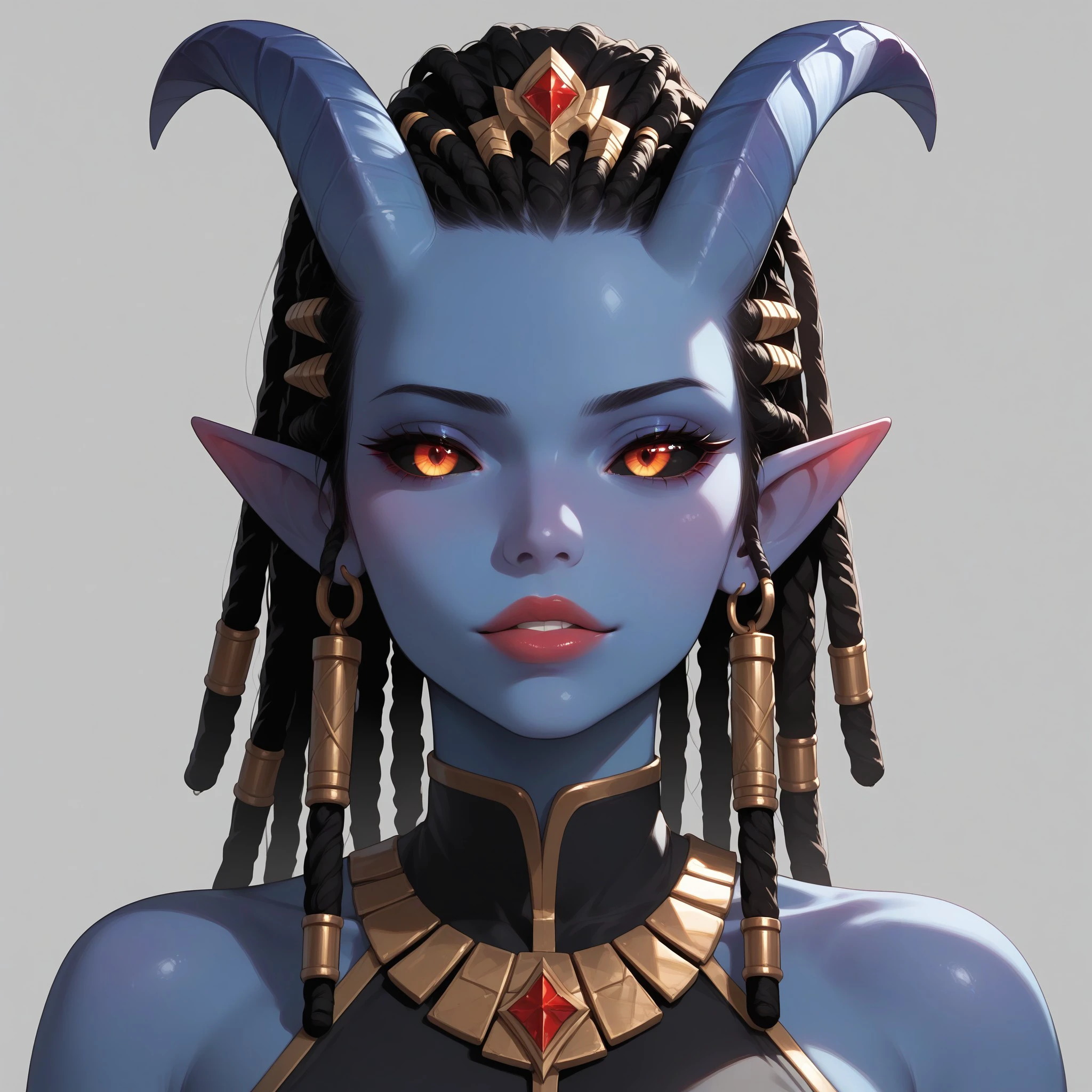 BREAK score_9, score_8_up, score_7_up, (masterpiece), best quality, intricate light, ultradetailed, expressive eyes, perfect face, detailed eyes, focus on eyes, (full body), 1girl, Blue skin, Dreadlocks, tail, colored sclera, black sclera, Pointy ears, Horns, solo, depth of field, simple background, csr style, absurdres, , <lora:3b53c1f6-ba26-4c05-95a2-c533bea67c03:0.7>, <lora:1cd990c6-8053-41b4-819a-f5e1d1d39640:0.7>, <lora:b42231a6-9bae-4013-a5ef-7a728ec10146:0.6>, <lora:1b1eb8ef-e150-43d6-83d1-b6429ba68d47:0.7>