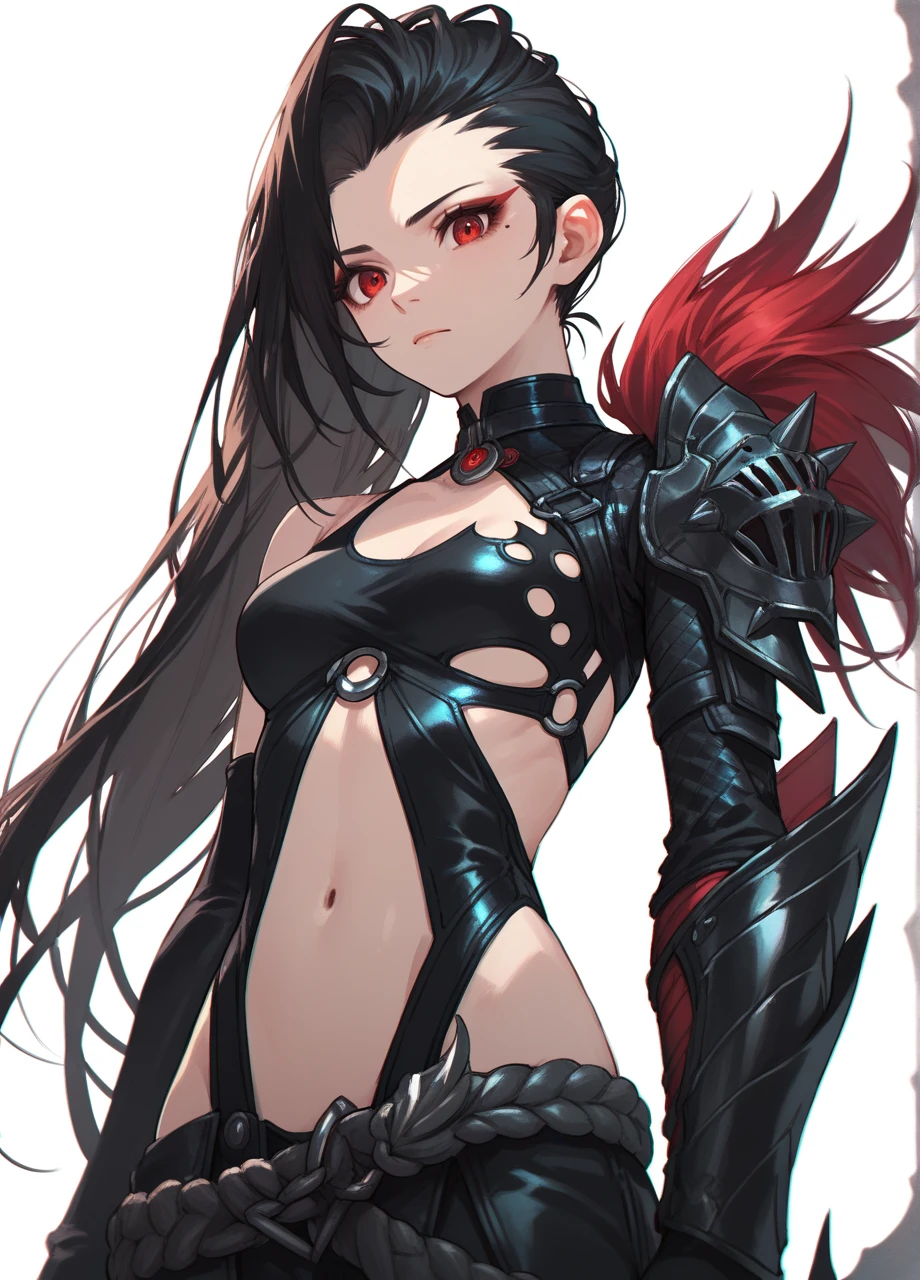 1girl, solo, cowboy shot, white background, long hair, black hair, asymmetrical hair, red eyes, makeup, elbow gloves, mole under eye, bnsyura, asymmetrical clothes, choker, armor, navel, loose belt, clothing cutout <lora:BnS_Yuran-PONY:0.8>, score_9, score_8_up, score_7_up, score_6_up,