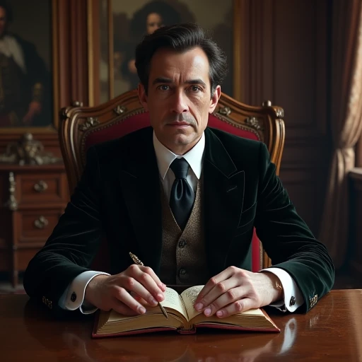 an image of a gentleman of the assassin's guild sitting behind a grand desk in a wood pannelled room reading a large leather book with "LIST OF THE INHUMED" written on the cover