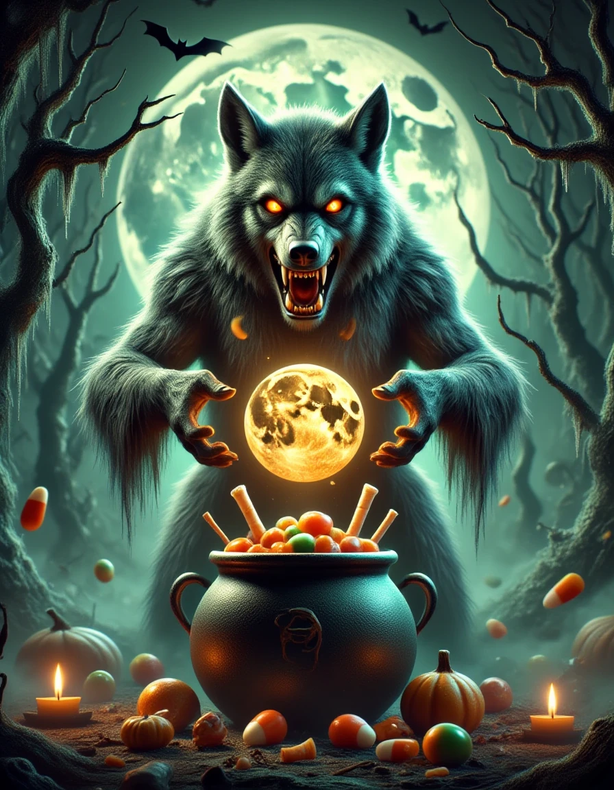 cinematic film still professional 3d model <lora:660f8ff0-2589-4e63-ada2-73de84b768d4.TA_trained:0.8>Prompt: "A werewolf holding a âmoonâ made of candy, with gummy fangs and chocolate bones scattered around. The werewolfâs paws are holding a cauldron overflowing with Halloween treats, including candy corn and caramel apples. The background is a spooky forest under a full moon with bats and eerie shadows." . octane render, highly detailed, volumetric, dramatic lighting . shallow depth of field, vignette, highly detailed, high budget, bokeh, cinemascope, moody, epic, gorgeous, film grain, grainy