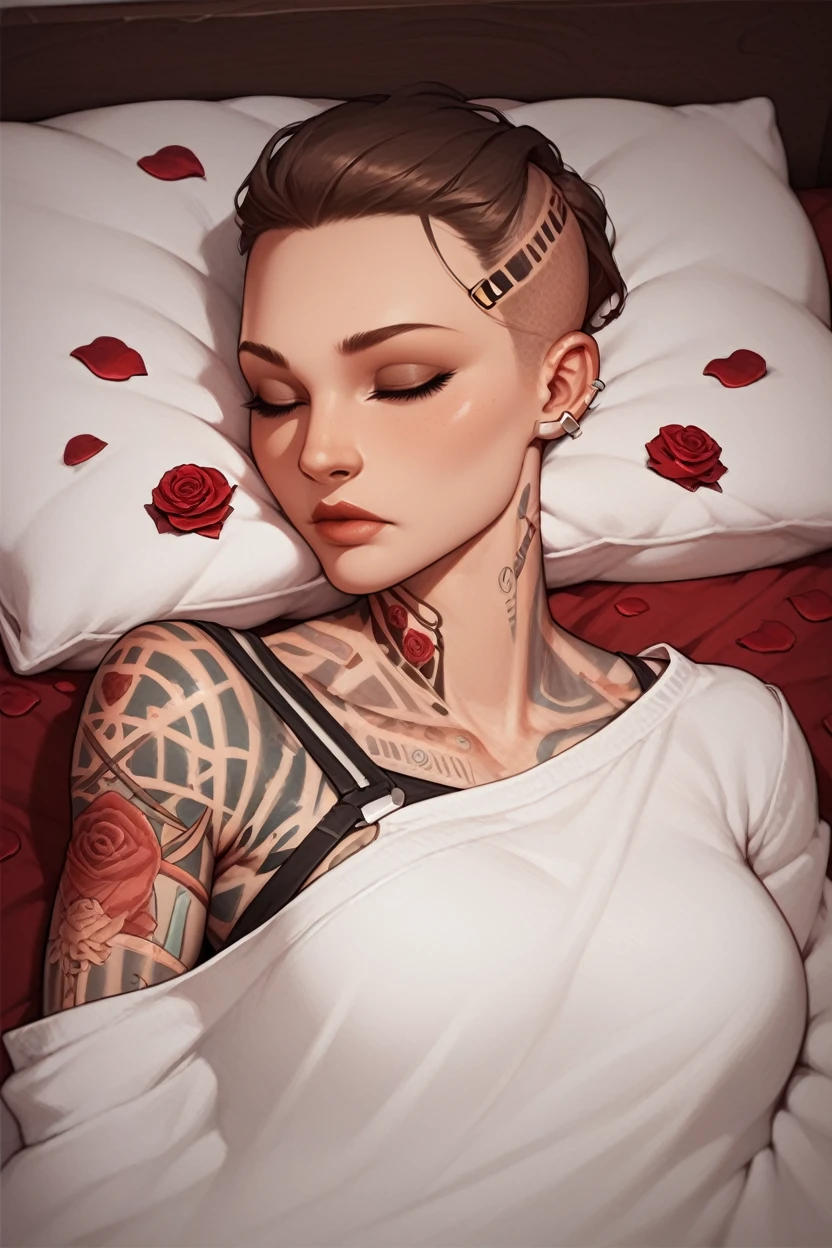 score_9, score_8_up, score_7_up, score_6_up
<lora:MEJack:0.8>
MEJack, 1girl, brown hair, brown eyes, undercut, tattoo, looking at viewer, sleeping in a bed, rose petals, closed eyes