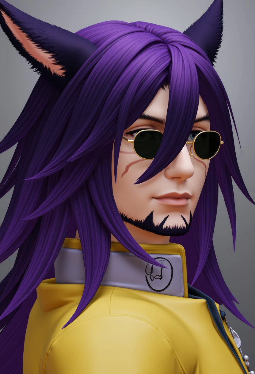 f4c32-miq0, animal ears, miqo'te, solo, sunglasses, facial hair, male focus, 1boy, cat ears, earrings, jewelry, jacket, long hair, dark skin, upper body, facial mark, glasses, tinted eyewear, black hair, purple hair, yellow jacket, cinematic lighting, cinematic angle