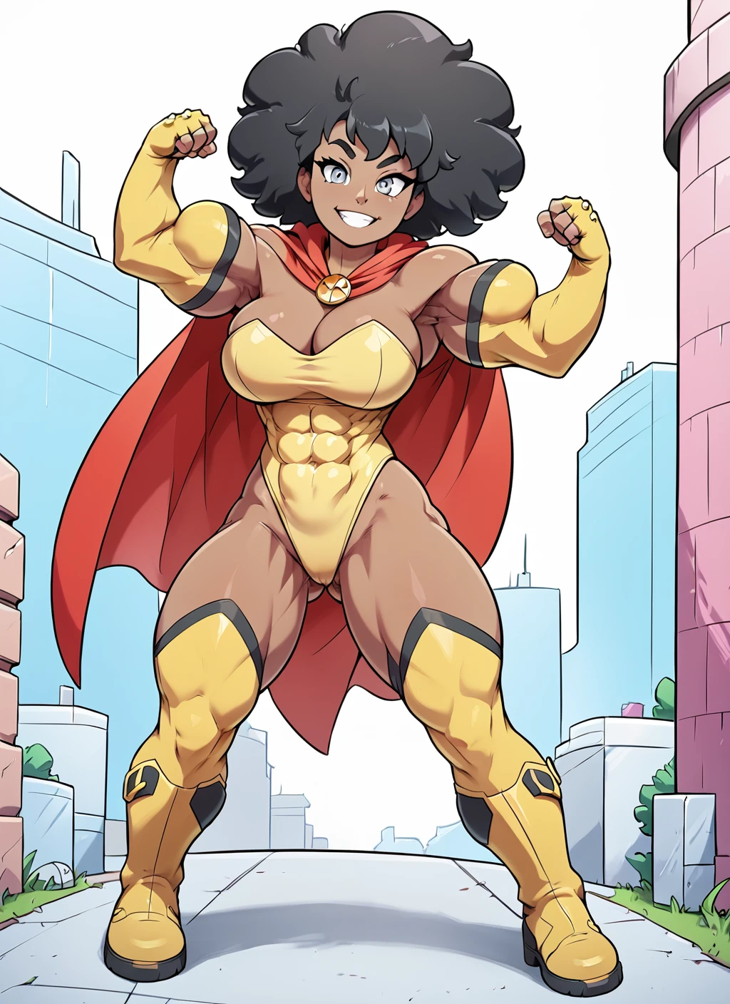 score_9, score_8_up, score_7_up, expressiveh, perfect face, perfect eyes, detailed face, detailed eyes,1girl,solo,mega woman,broad shoulders,short hair,black hair,large breasts,muscular thighs,dark skinned female,muscular female,thick thighs,abs,huge biceps,(grey eyes:1.3),bangs,yellow leotard,yellow elbow gloves,fingerless gloves,red cape,standing,full body,yellow knee boots,flexing,smile,happy,city, <lora:Expressive_H-000001:0.4> <lora:Mega_Woman_GrowGetter_Comics-000006:1.0>