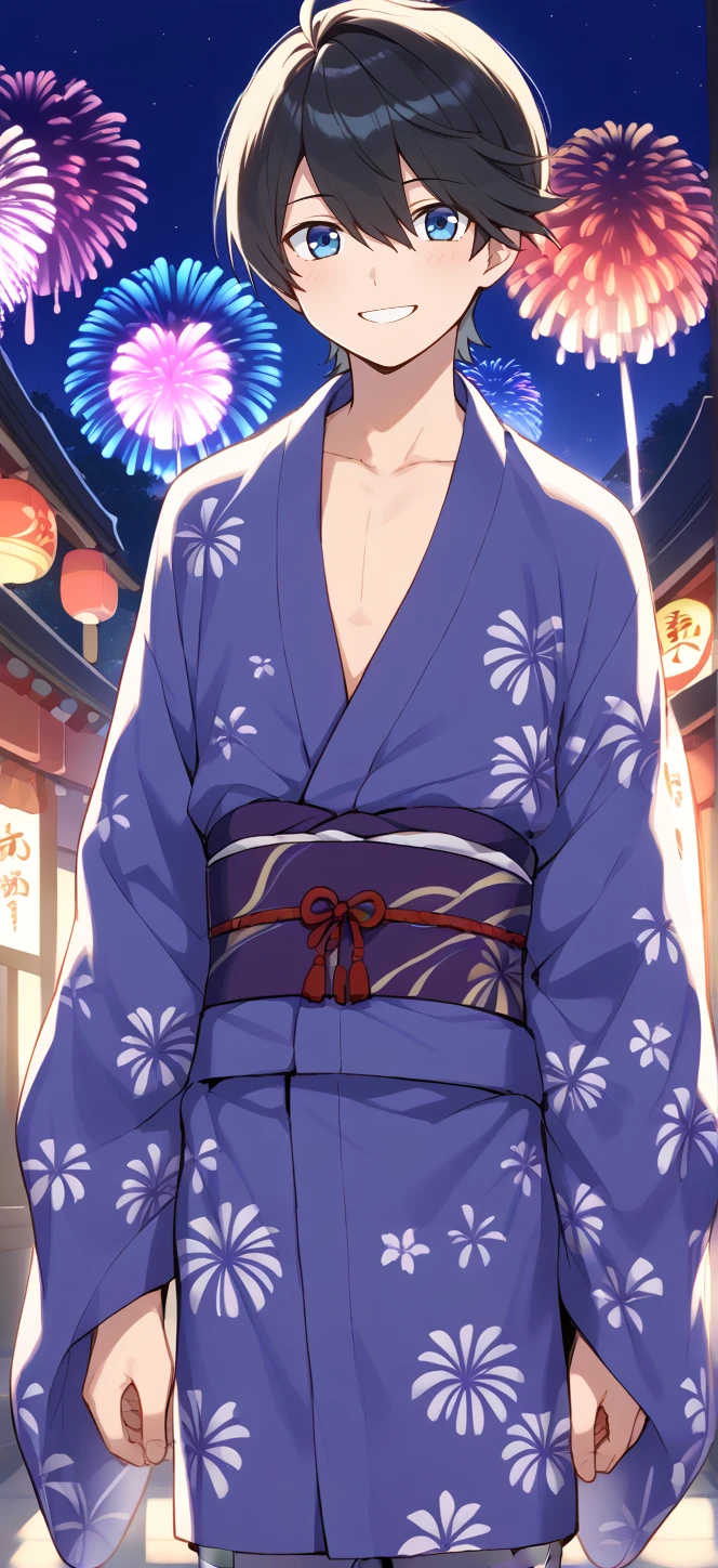 1boy,solo,male focus,horikawa_kunihiro,horikawa kunihiro,black hair,blue eyes,smile,kimono,yukata,night,japanese festival,fireworks